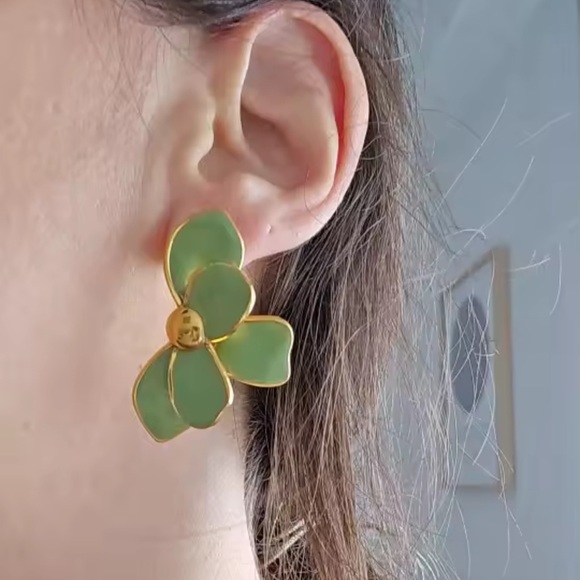 Anthropologie Jewelry - Sage Green Petal Floral Gold Earrings